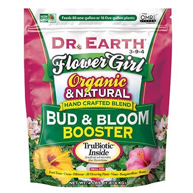 Dr. Earth Flower Girl Bud Bloom Booster fertilizer image showing vibrant blooms and healthy vegetables.