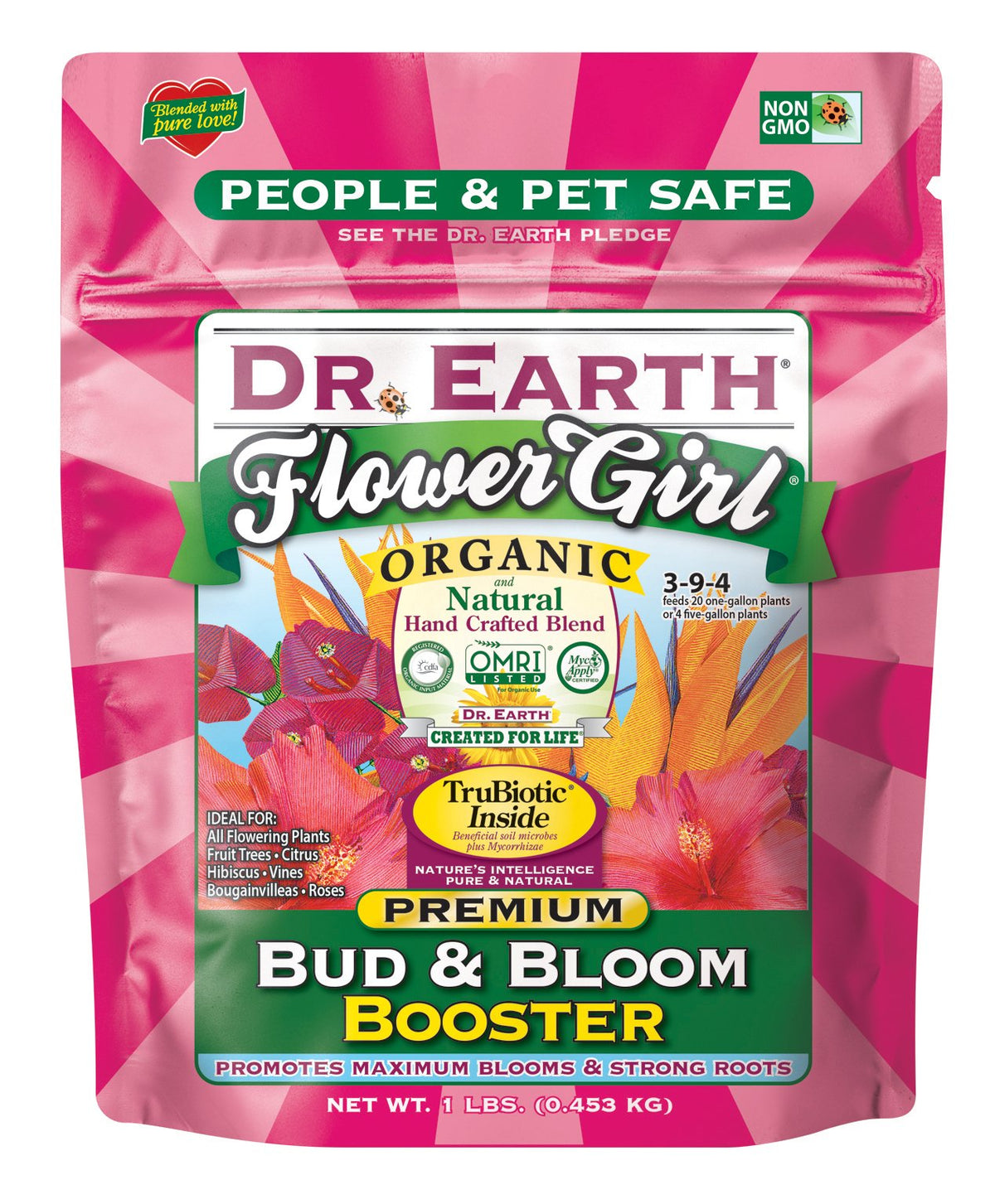 Dr. Earth Flower Girl Fertilizer Minis promotes vibrant organic blooms for roses and vegetables