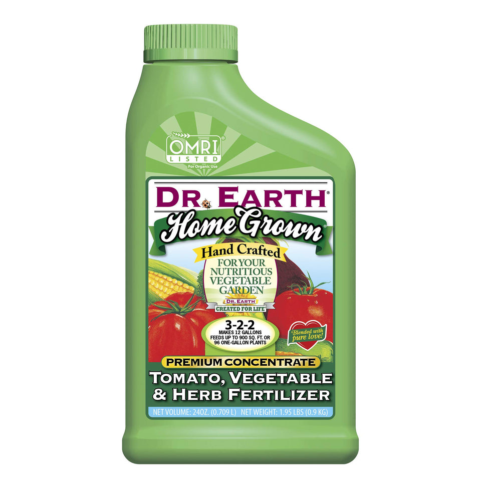 Dr. Earth Home Grown bottle pour supports robust tomato and herb growth