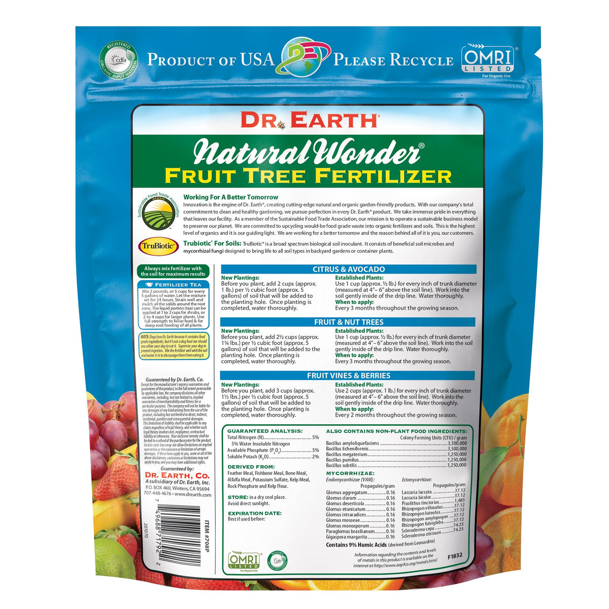 Dr. Earth Natural Wonder bag label highlighting organic formula for fruit and berries