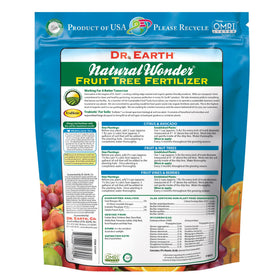 Dr. Earth Natural Wonder bag label highlighting organic formula for fruit and berries