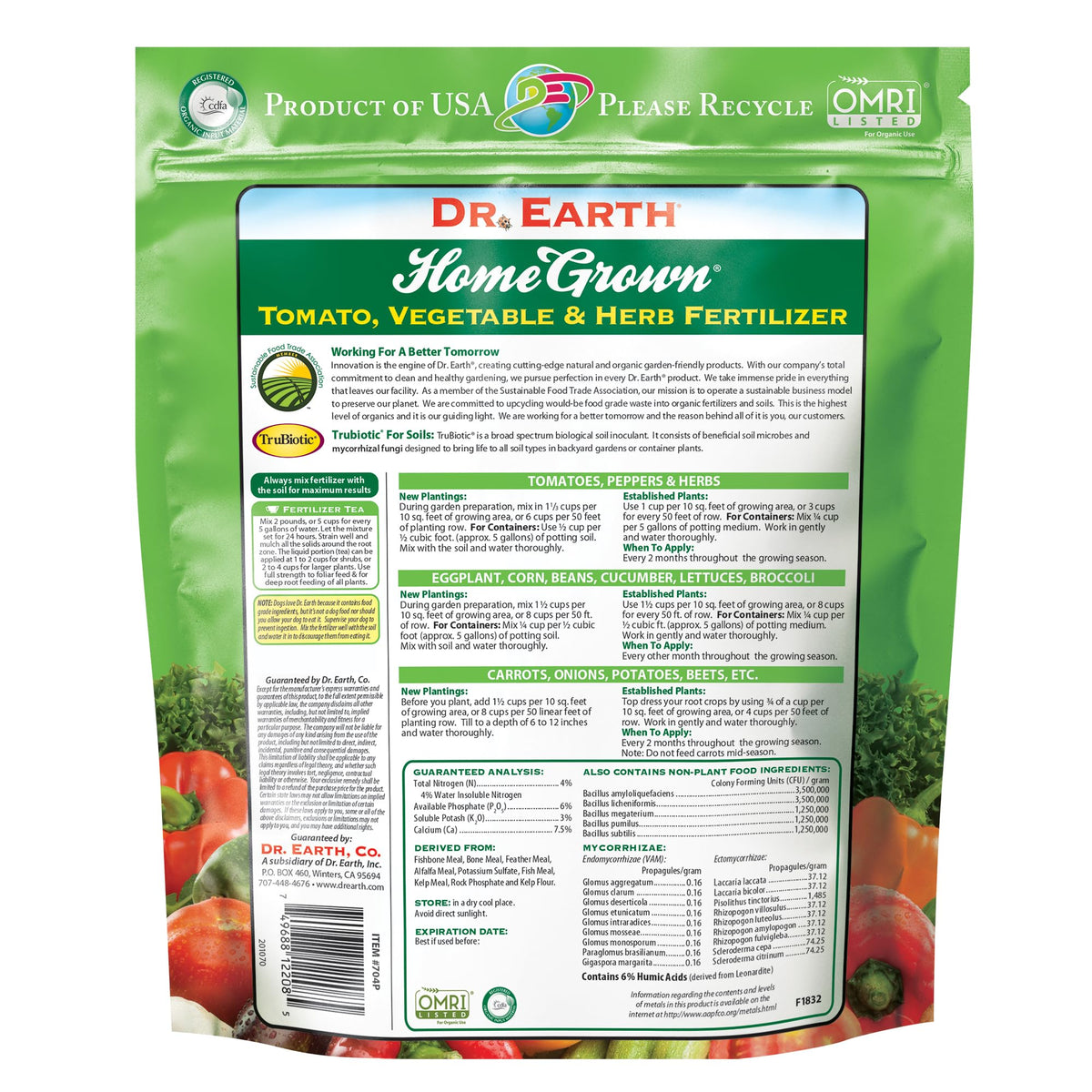 Dr. Earth Organic 5 label close-up highlights organic, long-lasting nutrients.
