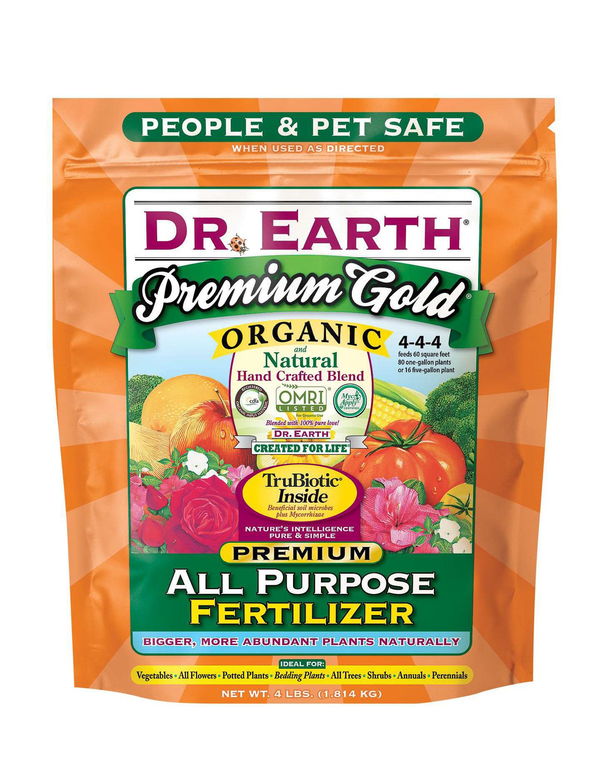 Dr. Earth Premium Gold All Purpose Fertilizer granules promote rich soil for homegrown fruits and vegetables.