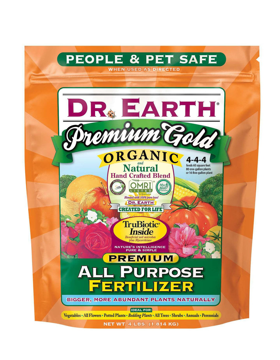 Dr. Earth Premium Gold All Purpose Fertilizer granules promote rich soil for homegrown fruits and vegetables.