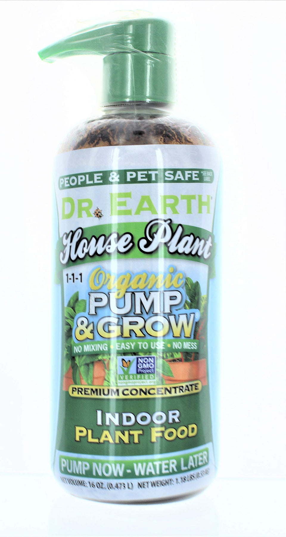 Dr. Earth Pump and Grow bottle front for convenient house plant feeding.
