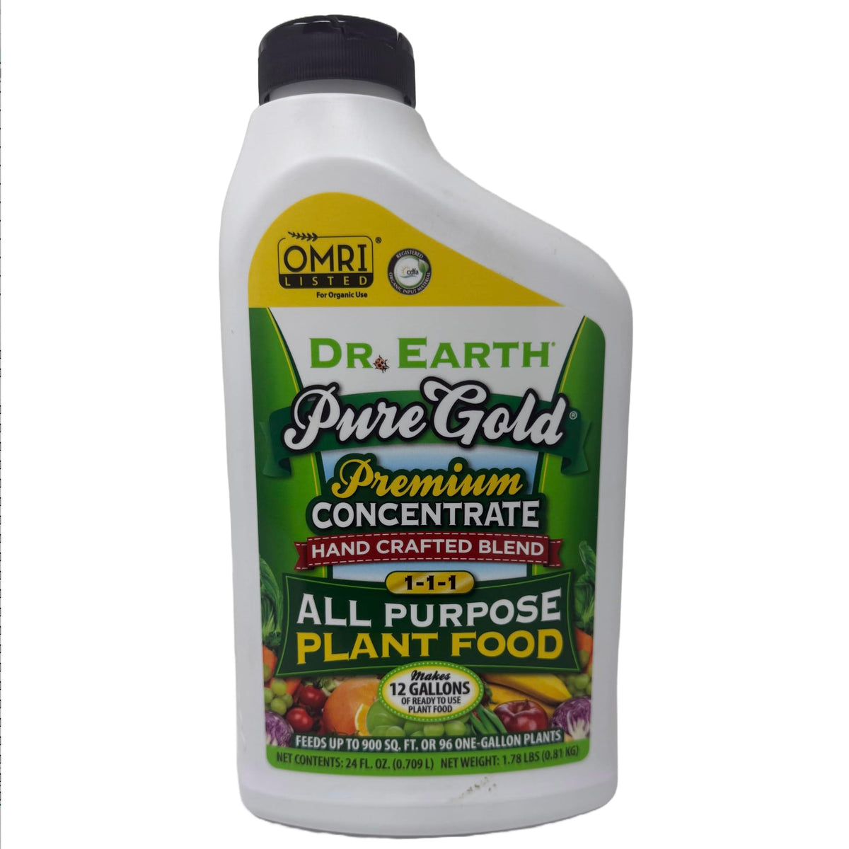Dr. Earth Pure Gold liquid fertilizer bottle pour supports healthy plant growth