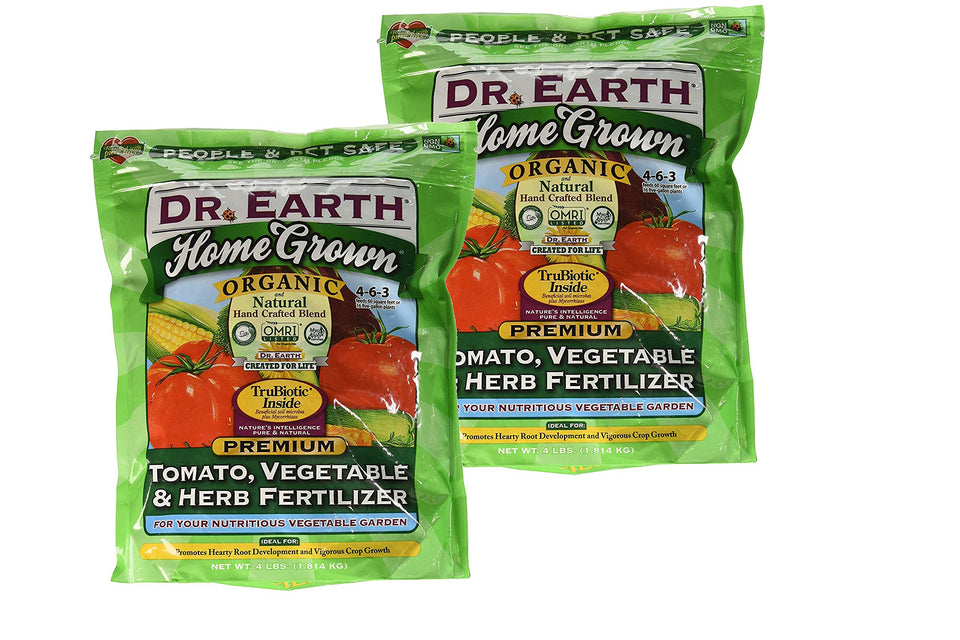 Dr. Earth tomato-vegetable-herb fertilizer 2-pack granules for thriving vegetable gardens.