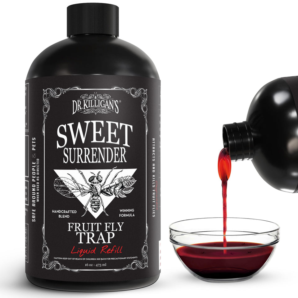 Dr. Killigan’s Fruit Fly Refill Liquid bottle for kitchen use and long-lasting attraction.