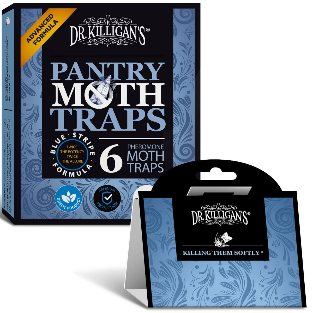 Dr. Killigan's blue packaging pantry moth traps ready for home use
