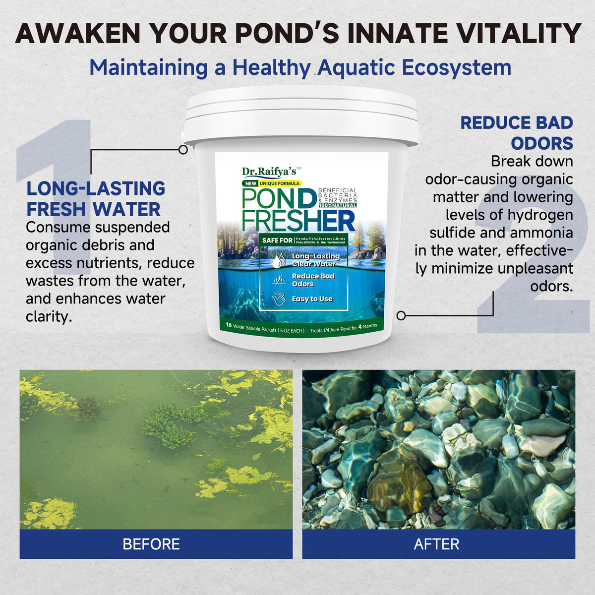Dr. Raifya's Pond Fresher label shows pre-measured doses for easy maintenance.