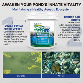 Dr. Raifya's Pond Fresher label shows pre-measured doses for easy maintenance.