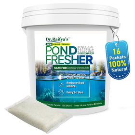 Dr. Raifya's Pond Fresher packets dissolve for long-lasting pond clarity.