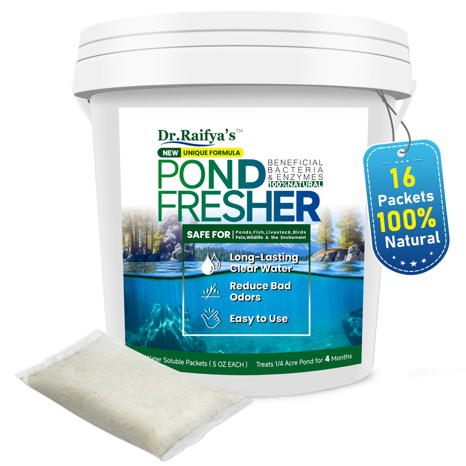 Dr. Raifya's Pond Fresher packets dissolve for long-lasting pond clarity.