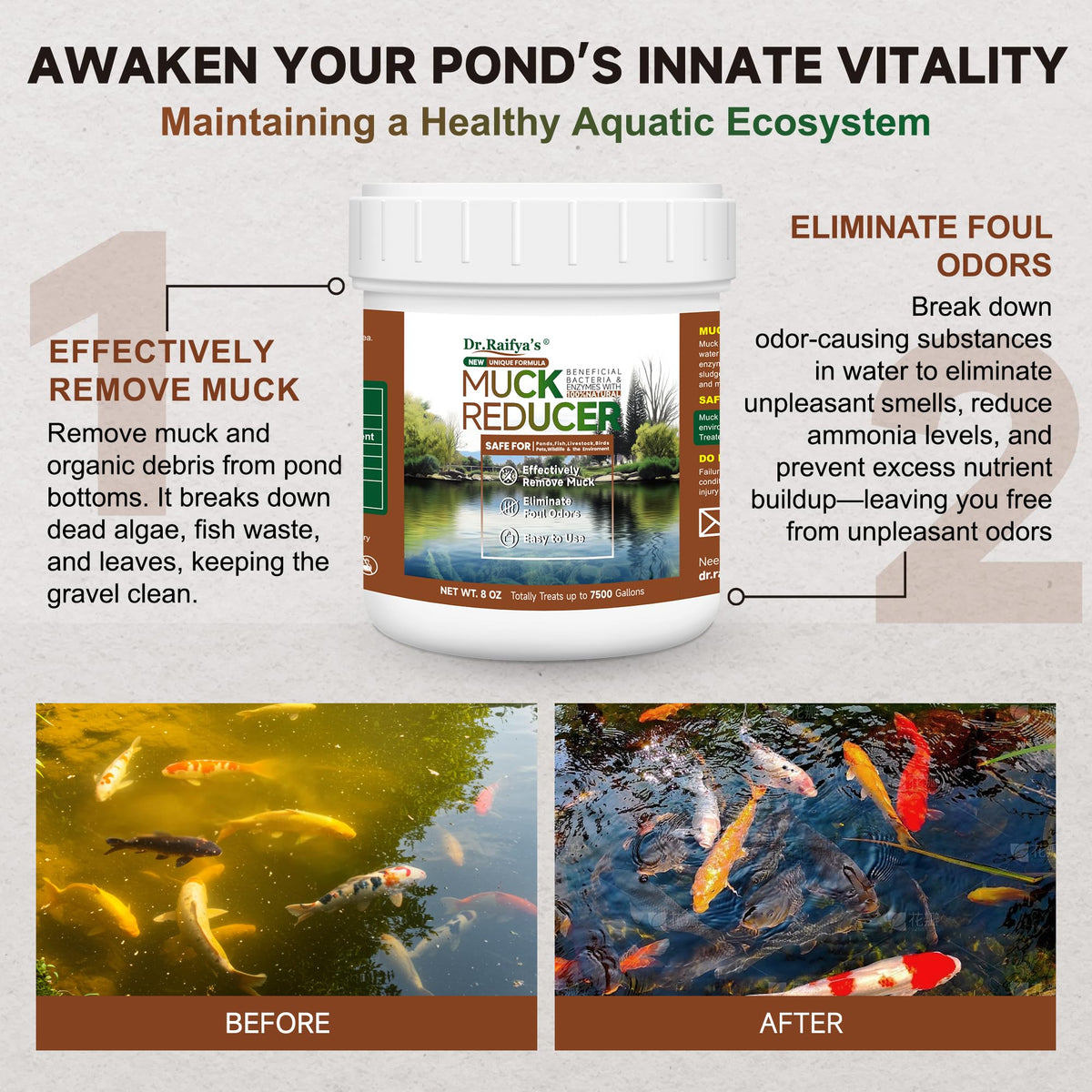 Dr.Raifya's Muck Reducer bottle-label shows natural pond treatment