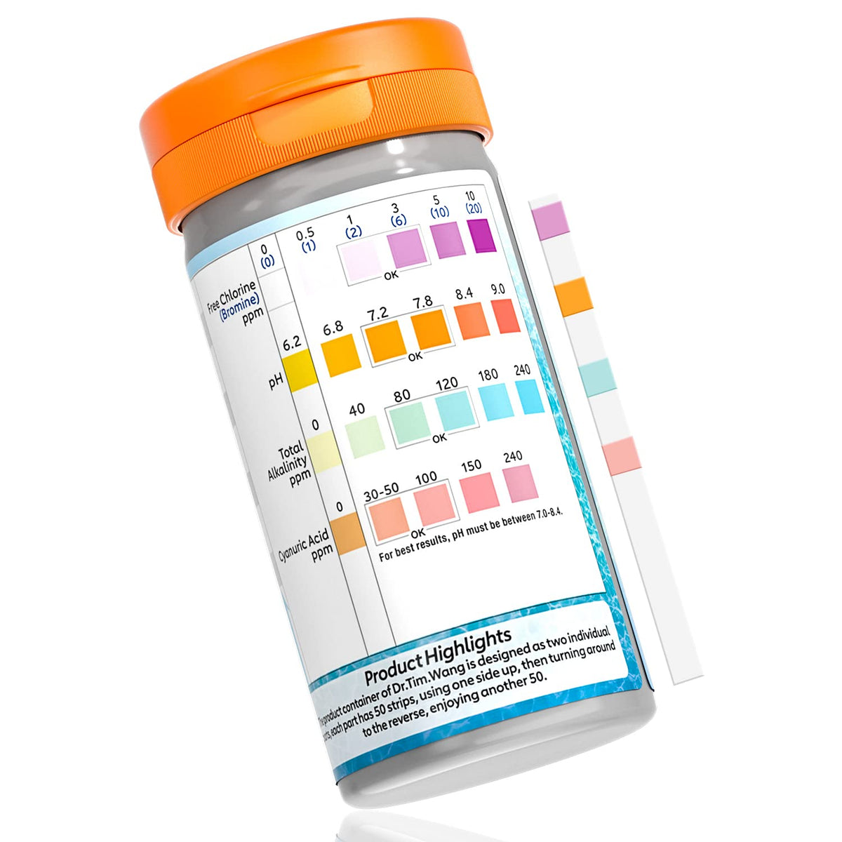 Dr.Tim.Wang pool test strips bottle display enables quick checks for safe water before swimming.