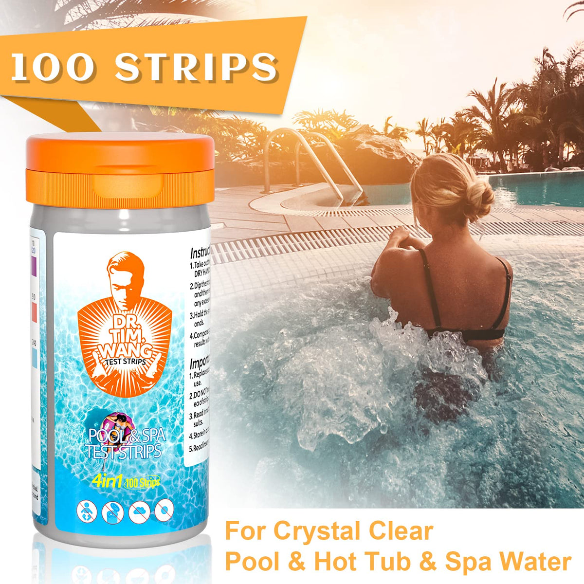 Dr.Tim.Wang pool test strips color chart closeup helps verify chlorine and pH levels at a glance.