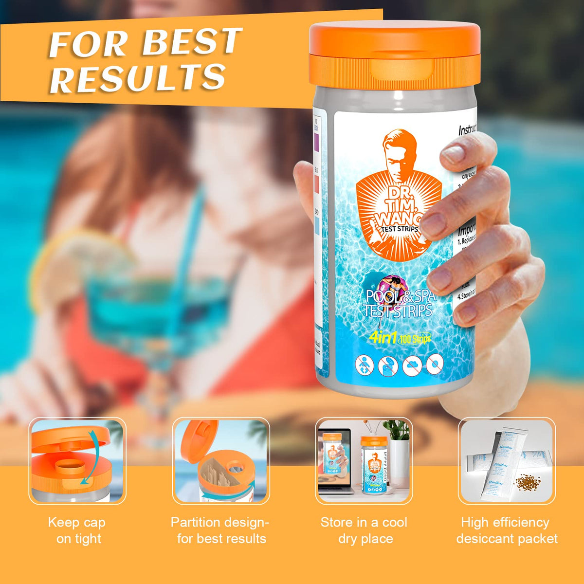 Dr.Tim.Wang pool test strips in use in pool for on-site testing.