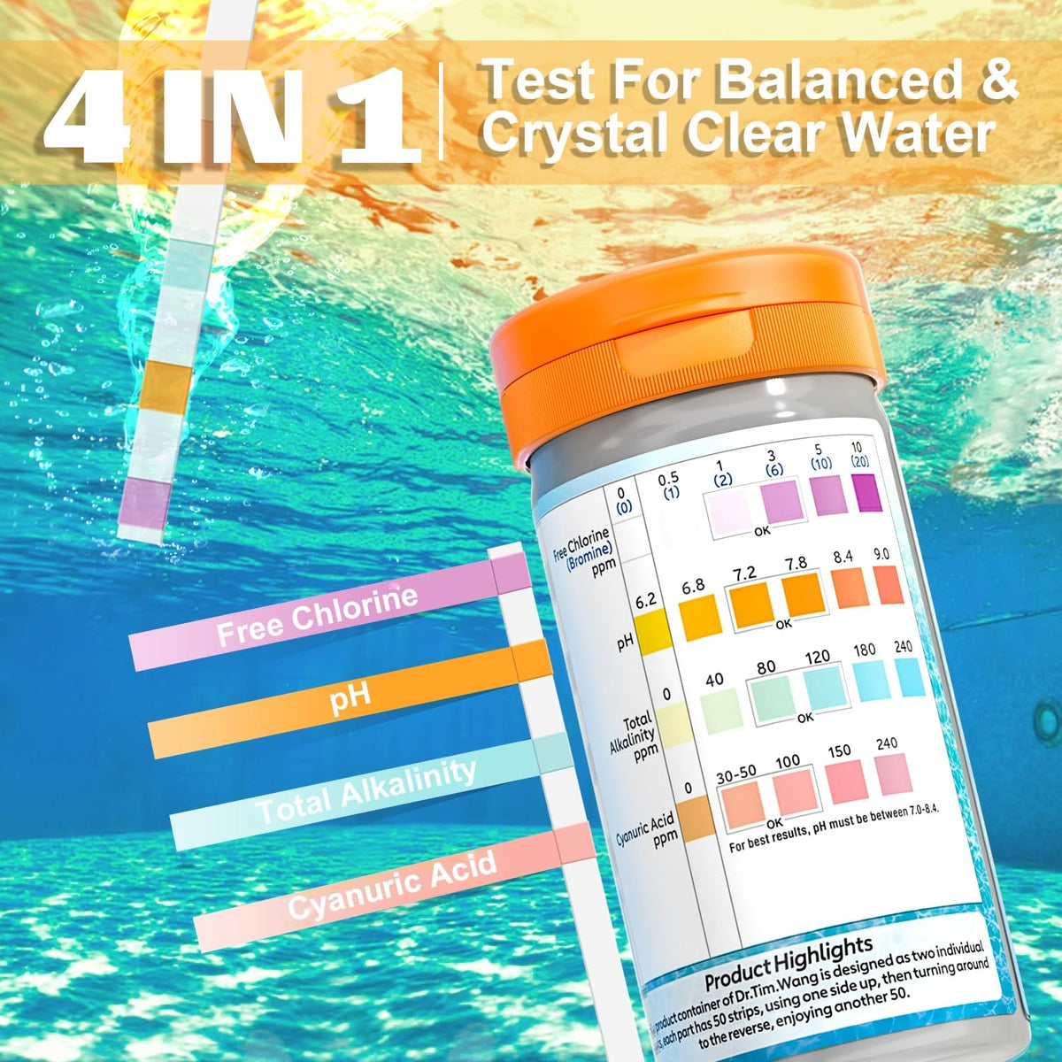 Dr.Tim.Wang spa water testing strip reads bromine and alkalinity for consistent hot tub comfort.