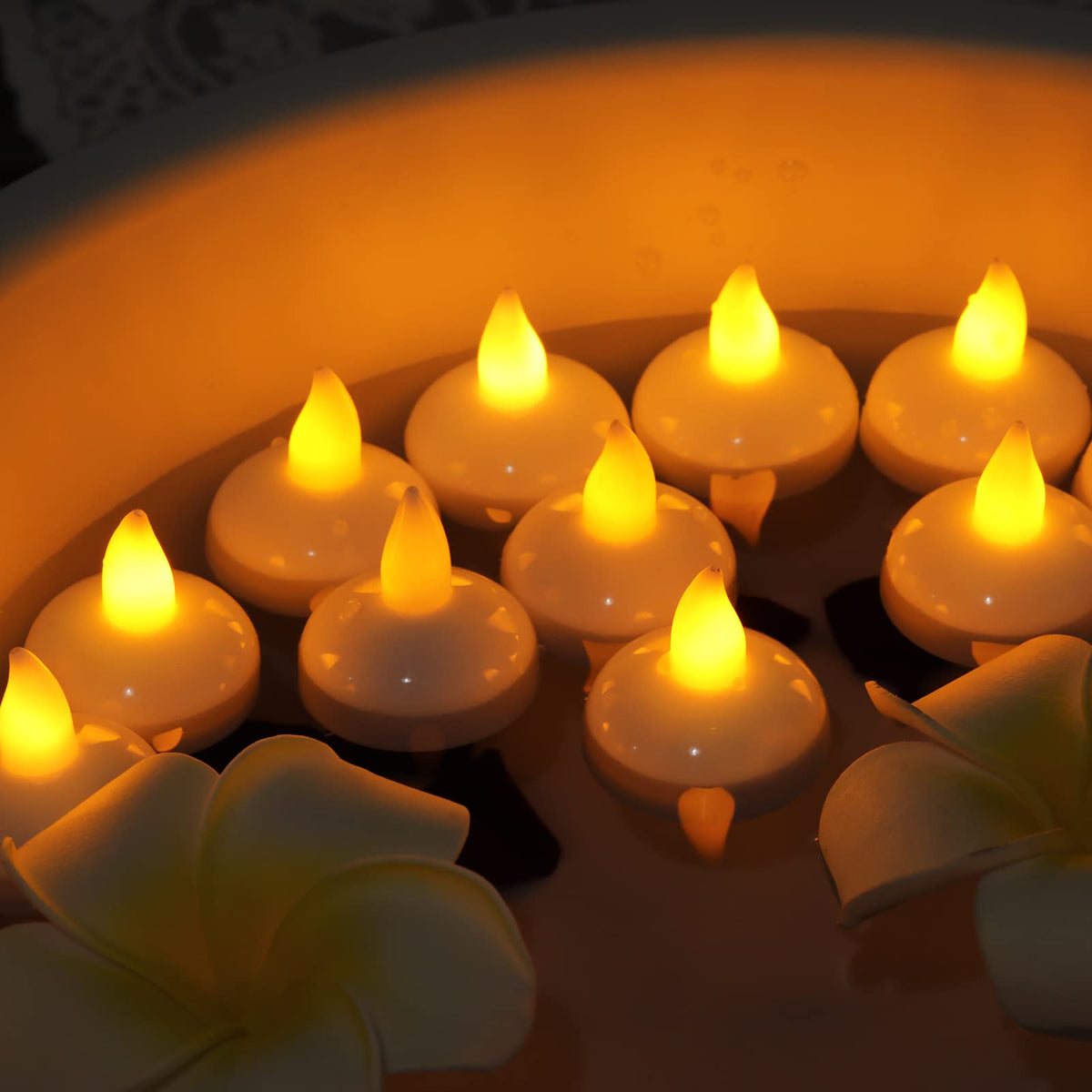 DragonflyDreams tealights in bath setup offer relaxation without open flame risk.