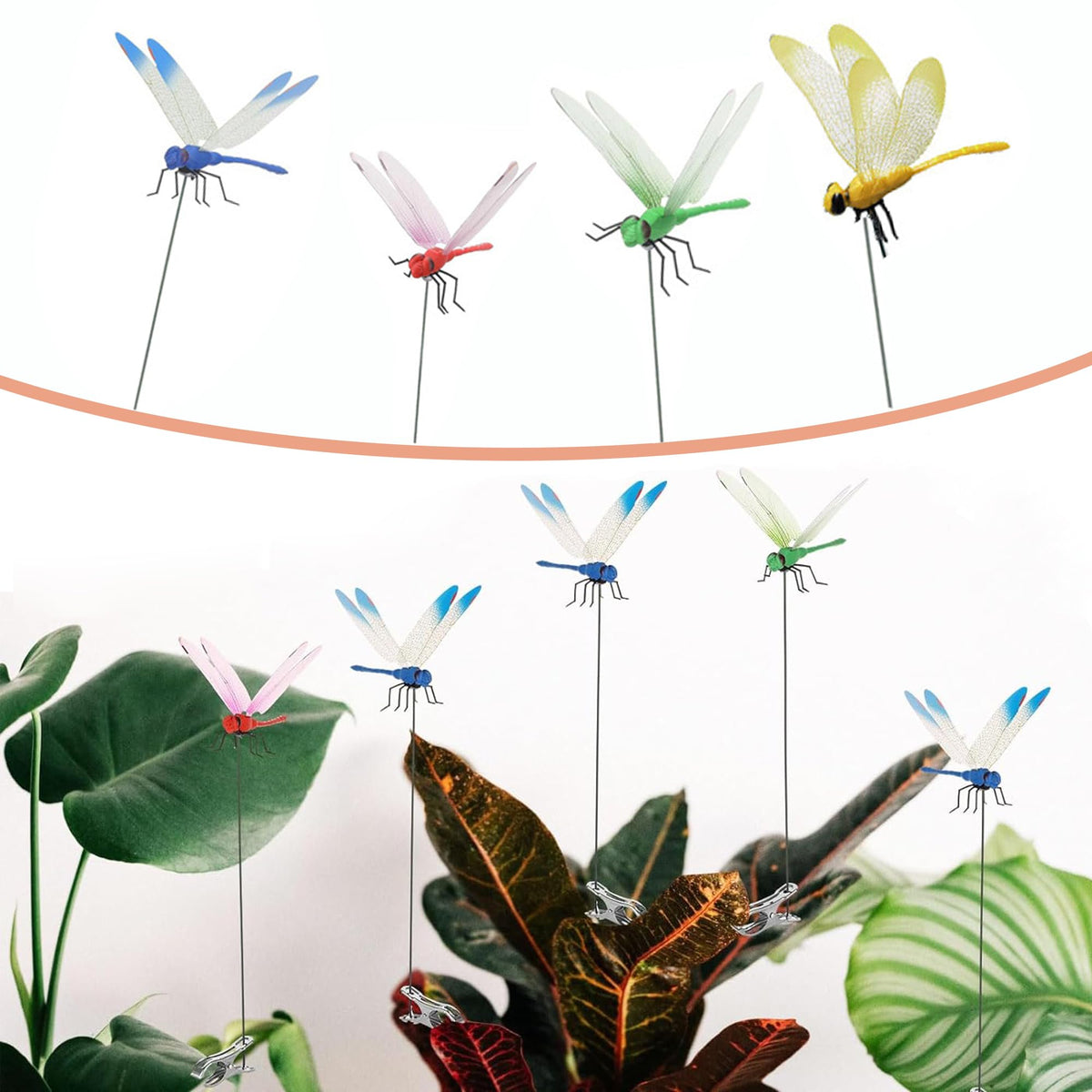 Dragonfly Clip garden display featuring eight clips in four colors.