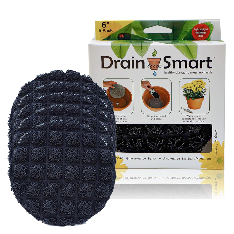 Drain Smart 3D Mesh Disc in pot keeps soil in place while promoting drainage.