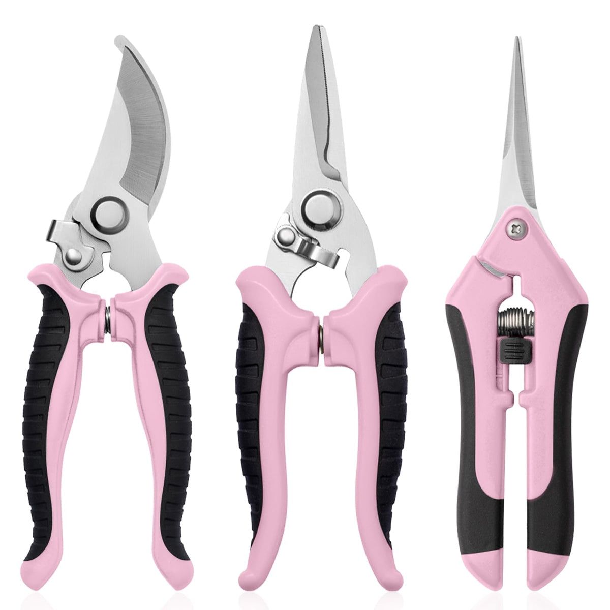 Drametic+ 3-pack garden pruning shears with pink and black handles for comfortable grip.