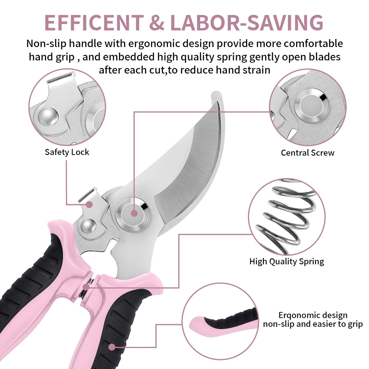 Drametic+ ergonomic non-slip handles reduce fatigue during long pruning sessions.