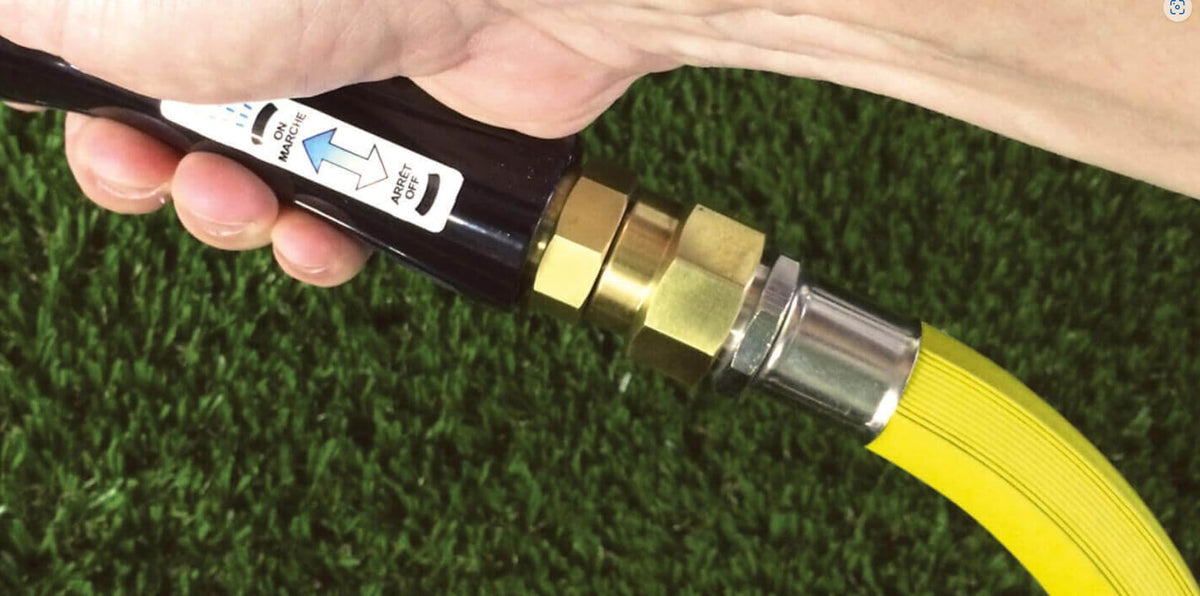Dramm Brass Hose Swivel prevents twisting and extends hose life during gardening.