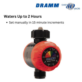 Dramm ColorStorm timer on hose end for convenient watering.