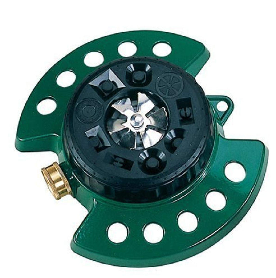 Dramm ColorStorm turret sprinkler in green with nine watering patterns.