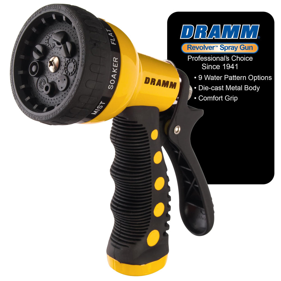 Dramm Revolver nozzle showcases heavy-duty metal construction for durable outdoor use.