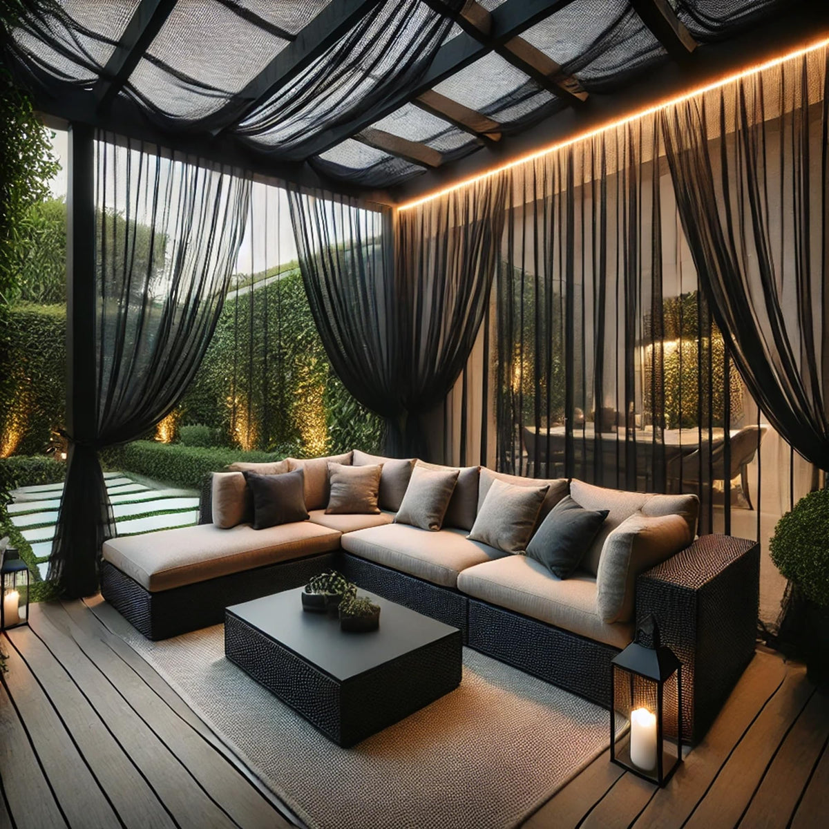 Draphelle outdoor backdrop curtains assembled showing a wide 20ft privacy screen