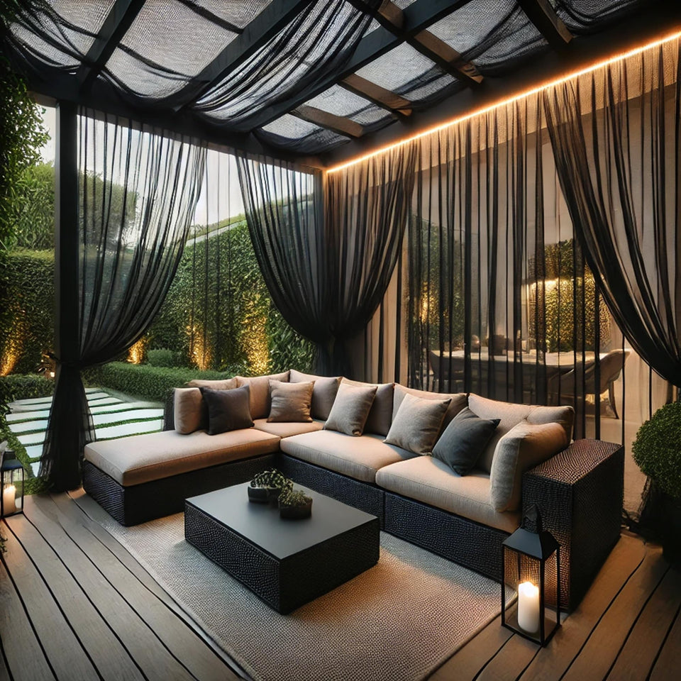 Draphelle outdoor backdrop curtains assembled showing a wide 20ft privacy screen