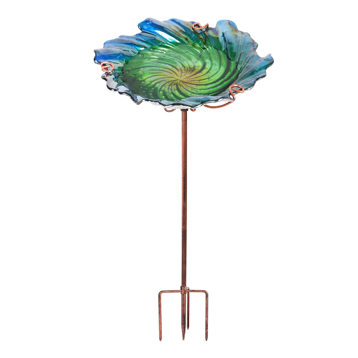 Dream Garden glass bird bath with green bowl invites birds to rest and bathe