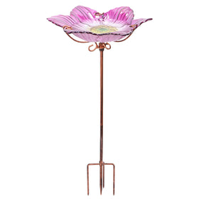 DREAM GARDEN pink glass birdbath bowl, decorative focal point attracting birds in a garden