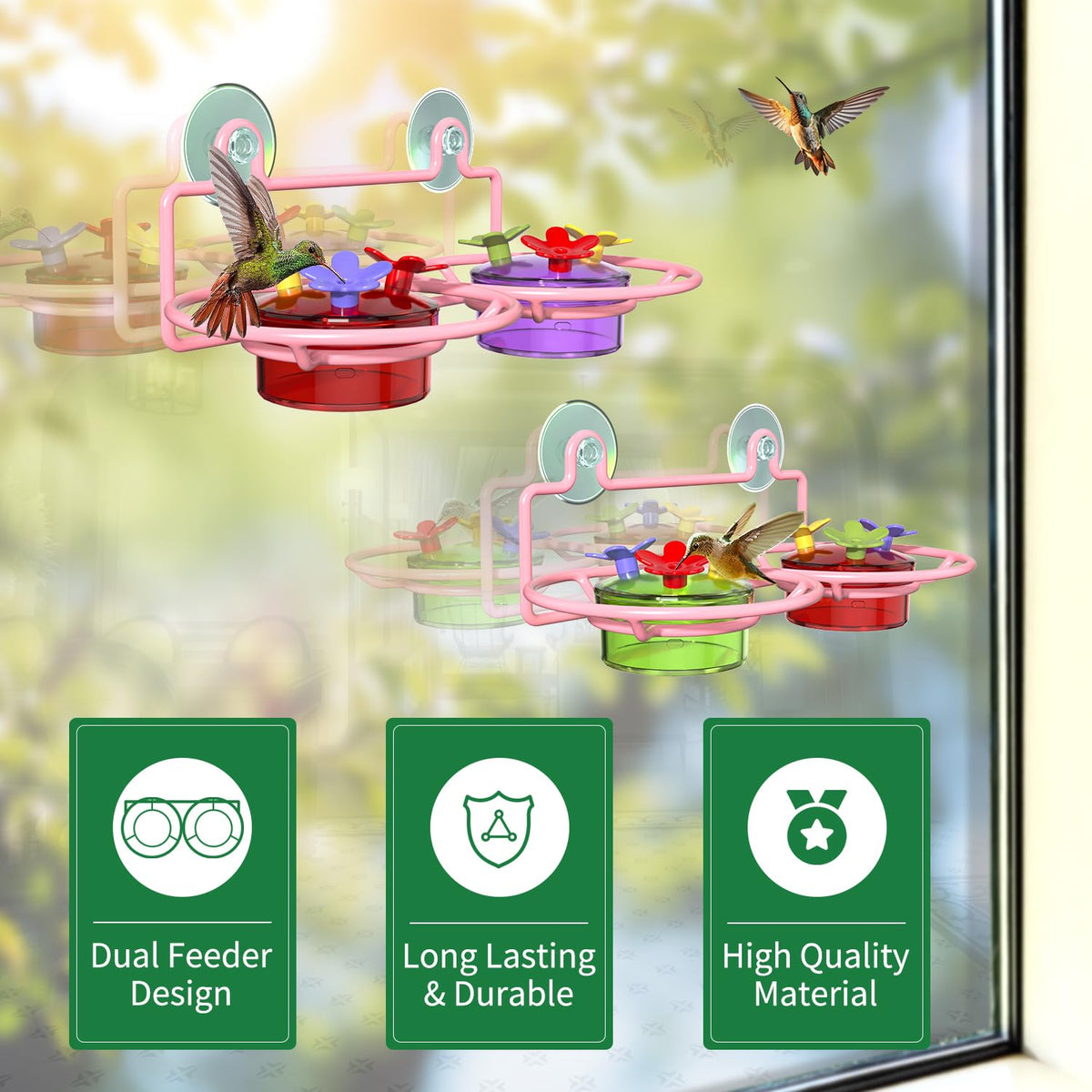 Bee proof ports and bright flower accents attract hummingbirds to your window