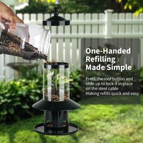 Dreamdrawer Squirrel-Proof Feeder one-handed refill highlights quick, mess-free maintenance
