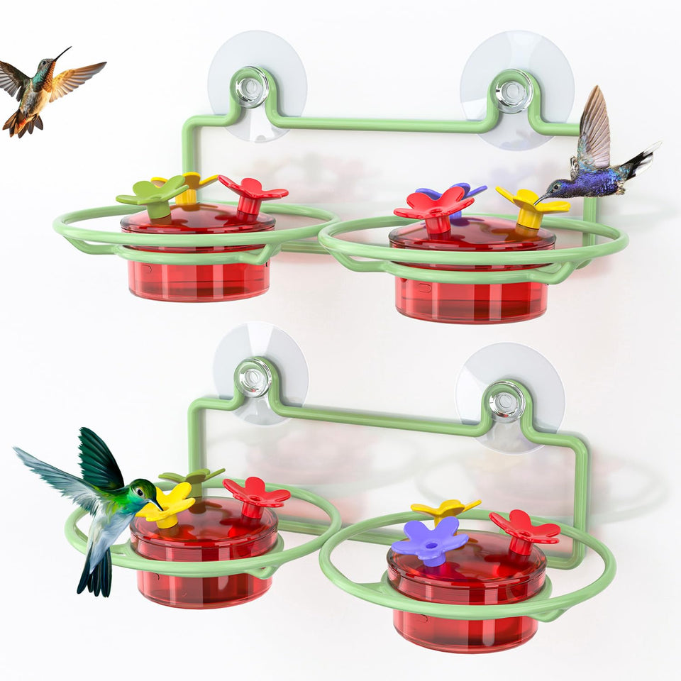 Dreamdrawer window hummingbird feeder with metal base and six ports for close-up viewing