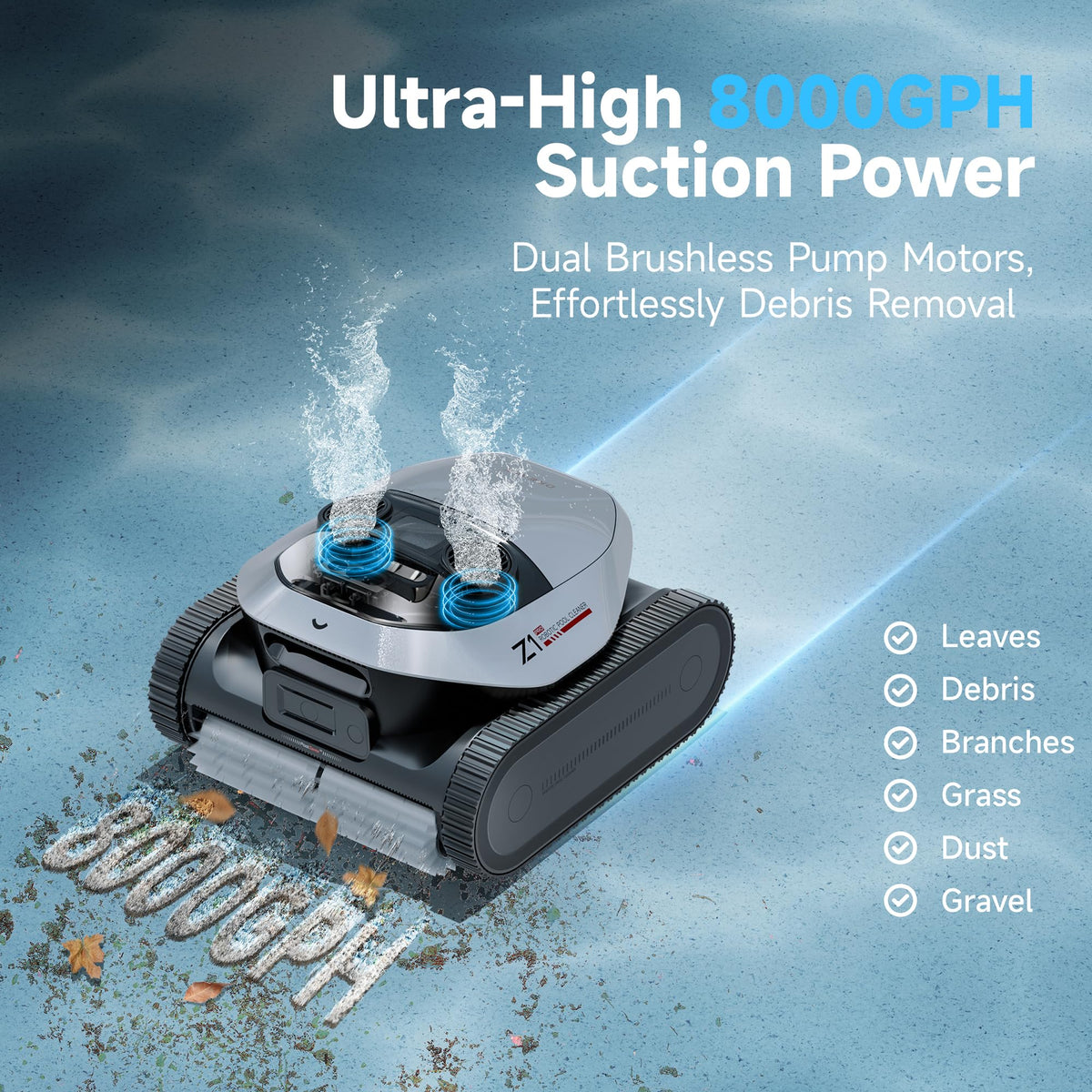DREAME Z1 Pro four-brush system cleans stubborn dirt on pool surfaces.