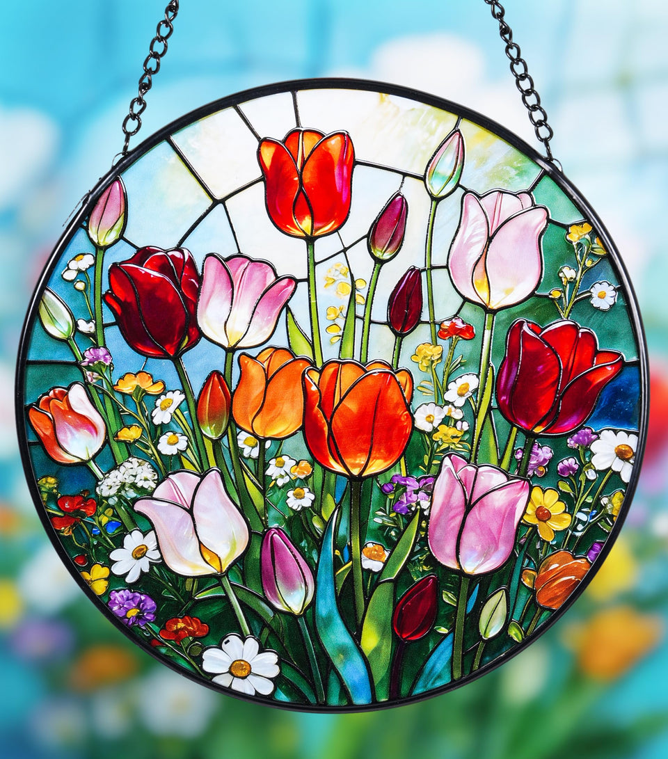 DREAMLOOM tulips suncatcher 7.8-inch window display with radiant color play.