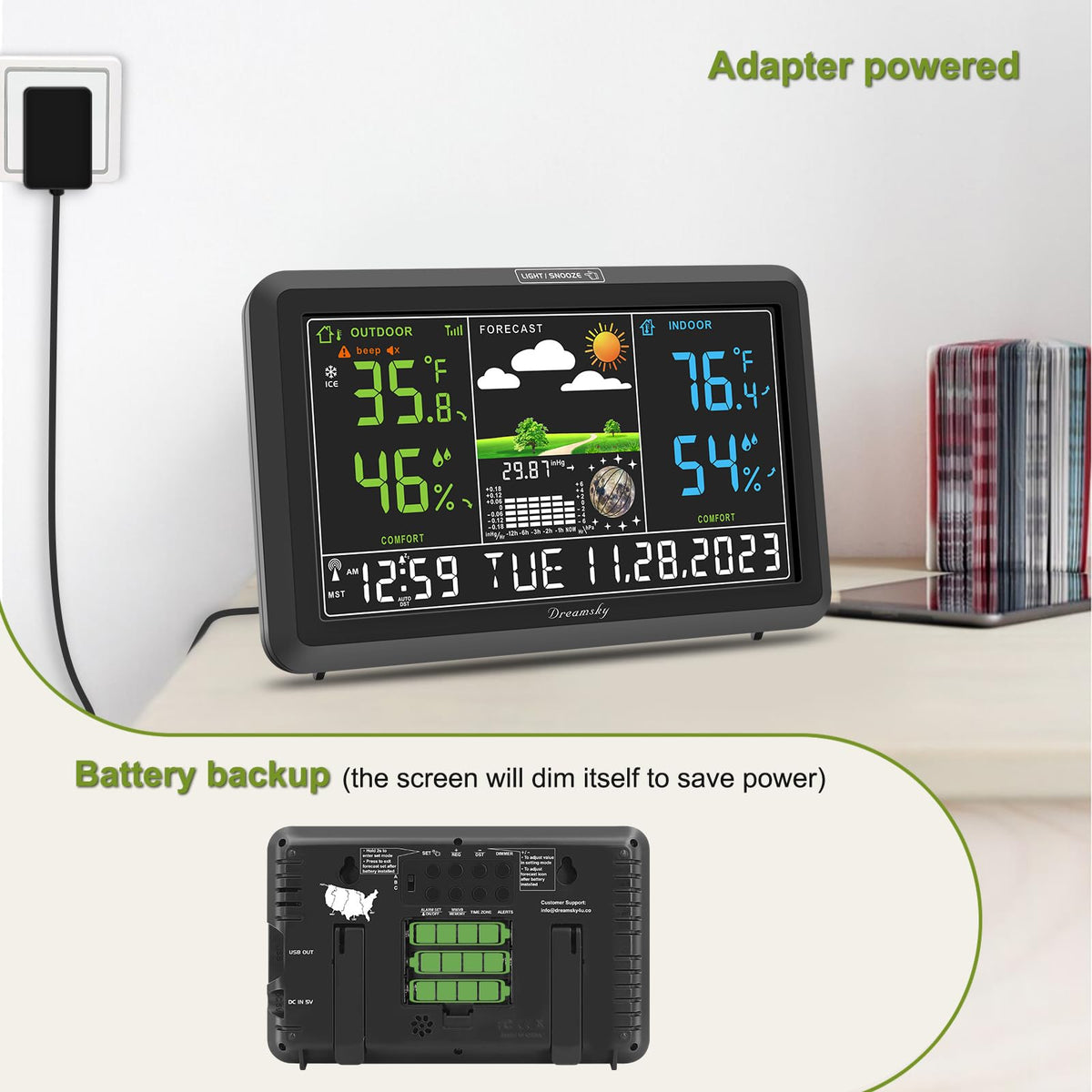 DreamSky outdoor sensor monitors temperature and humidity remotely.