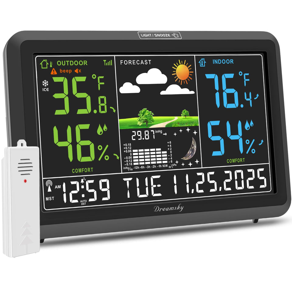 DreamSky weather station large display shows clear indoor and outdoor readings.