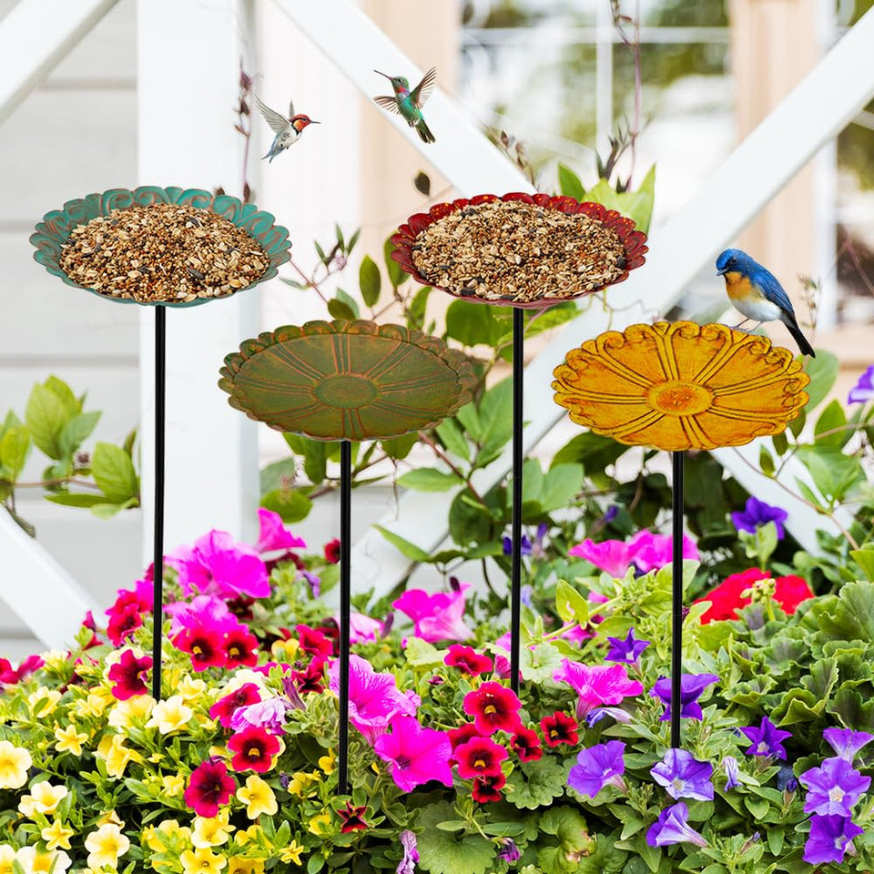 DREAMSOUL red flower bird bath with stake, inviting birds to bathe in your garden