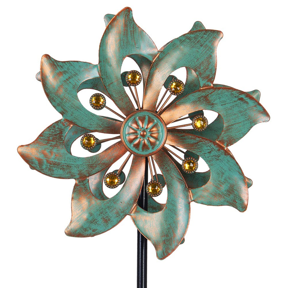DREAMYSOUL wind spinner bronze blades with gold beads adding color to your garden.
