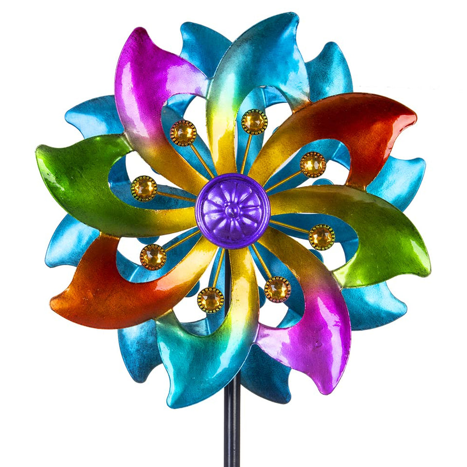 DREAMYSOUL wind spinner with colorful blades and gold beads enhances garden color.