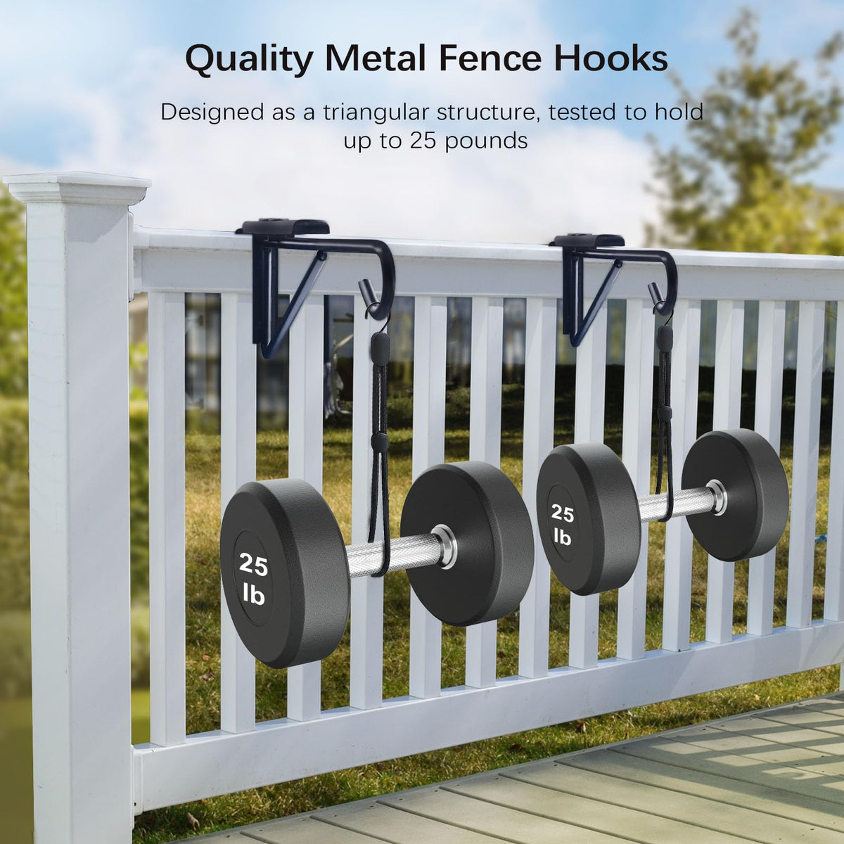 Dreecy black outdoor fence hook blends with décor while remaining sturdy.