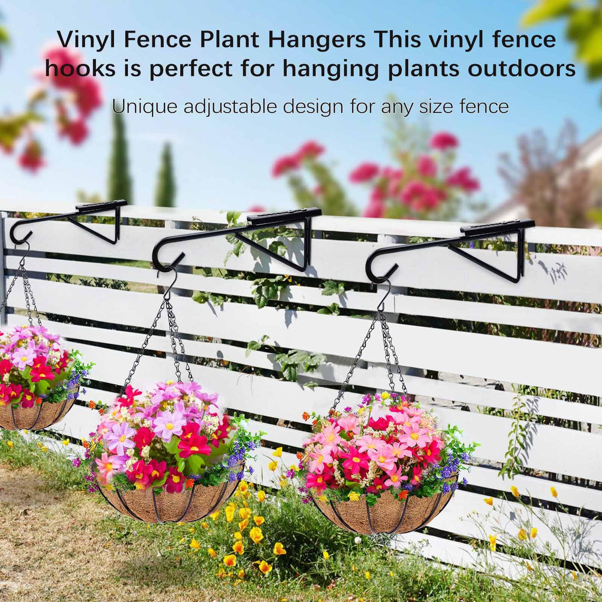 Dreecy heavy-duty coated-steel fence hook offers durable support for garden decor.