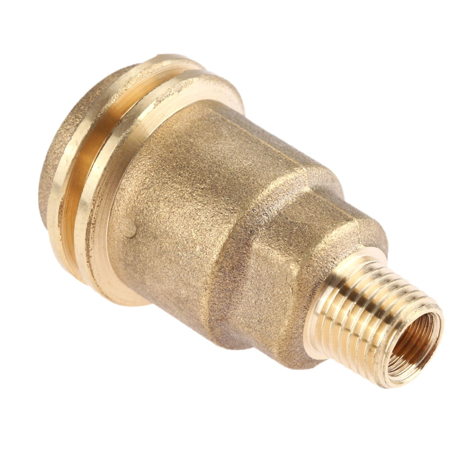 DRELD 5042 brass propane adapter assembly shows durable connection for easy tank swap.