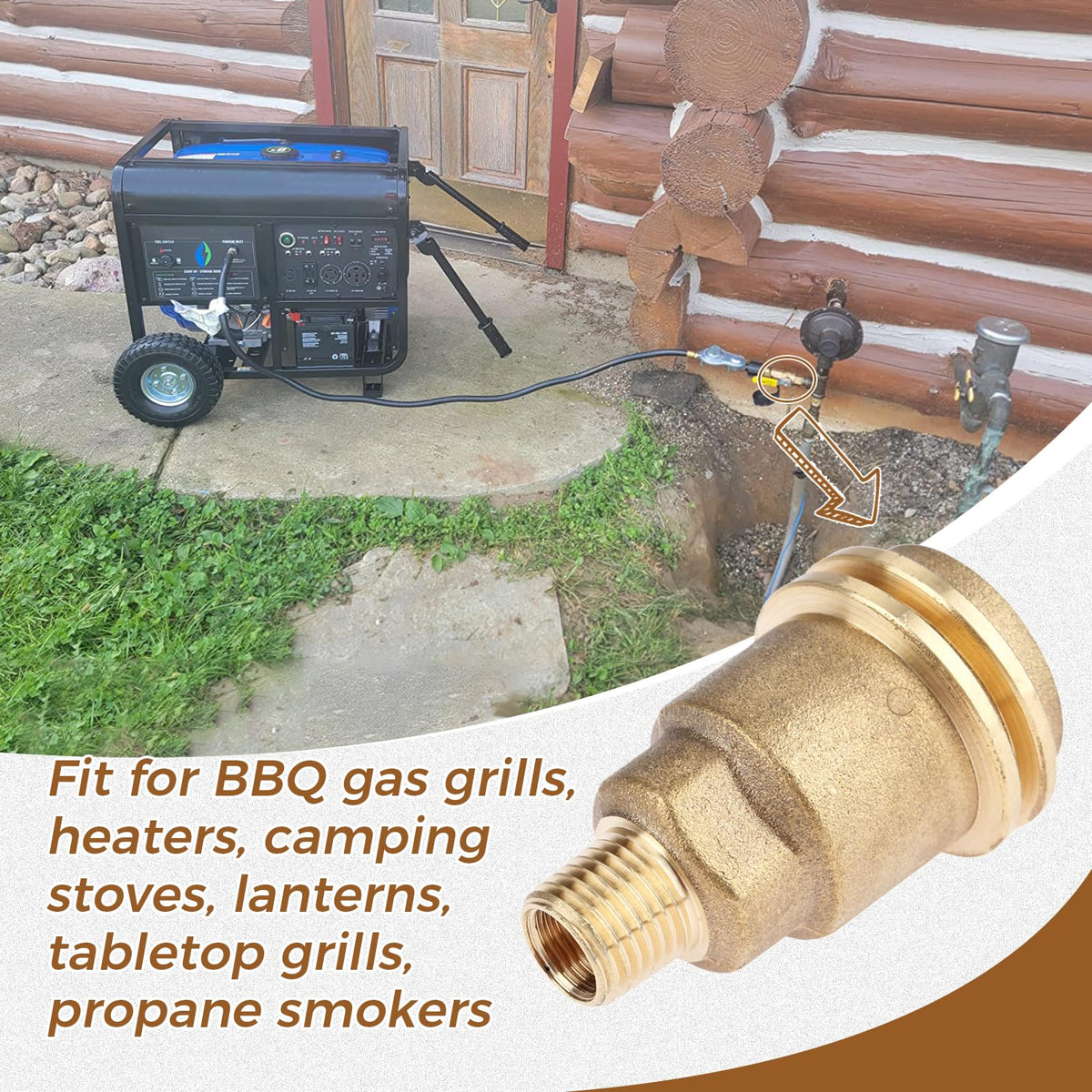 DRELD brass Nut propane adapter with hose attachment ready for outdoor grilling or camping.