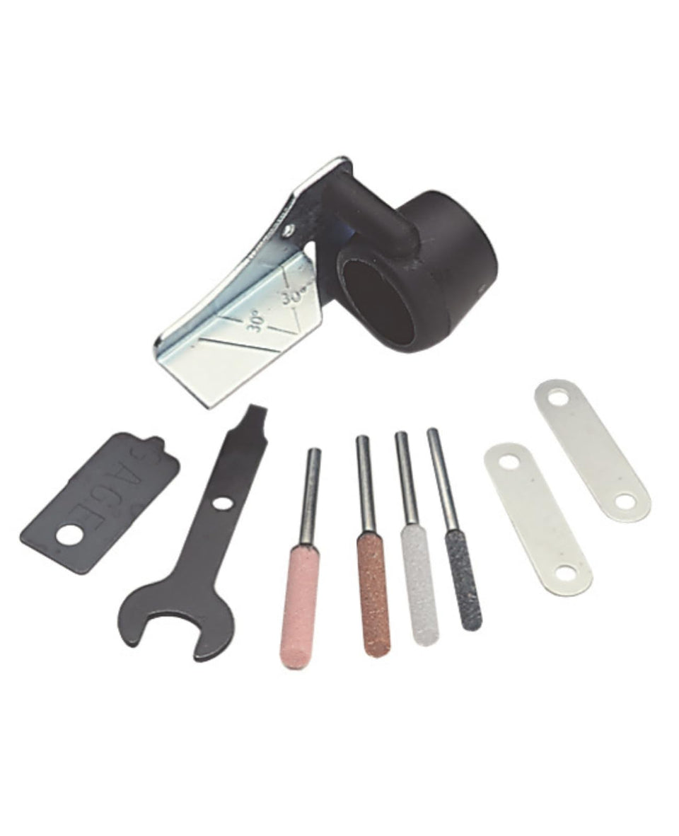 Dremel 1453 sharpening kit with angle guide for fast chainsaw edge restoration.